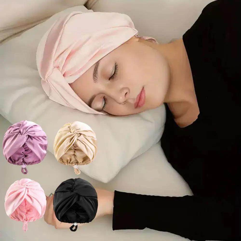 Silk Bonnet For Sleeping Women Satin Hair Bonnet Night Sleep Cap Scarf Wrap For Curly Hair With Tie Band Solid Silk Turban Hat