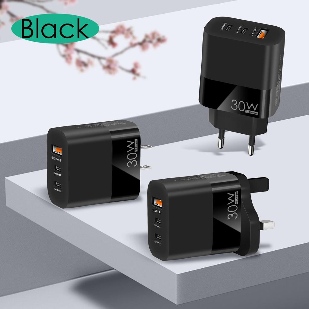 30W Multi-Port Mobile Charger with 2C+A, EU/US/UK Standards, QC3.0 Fast Charging