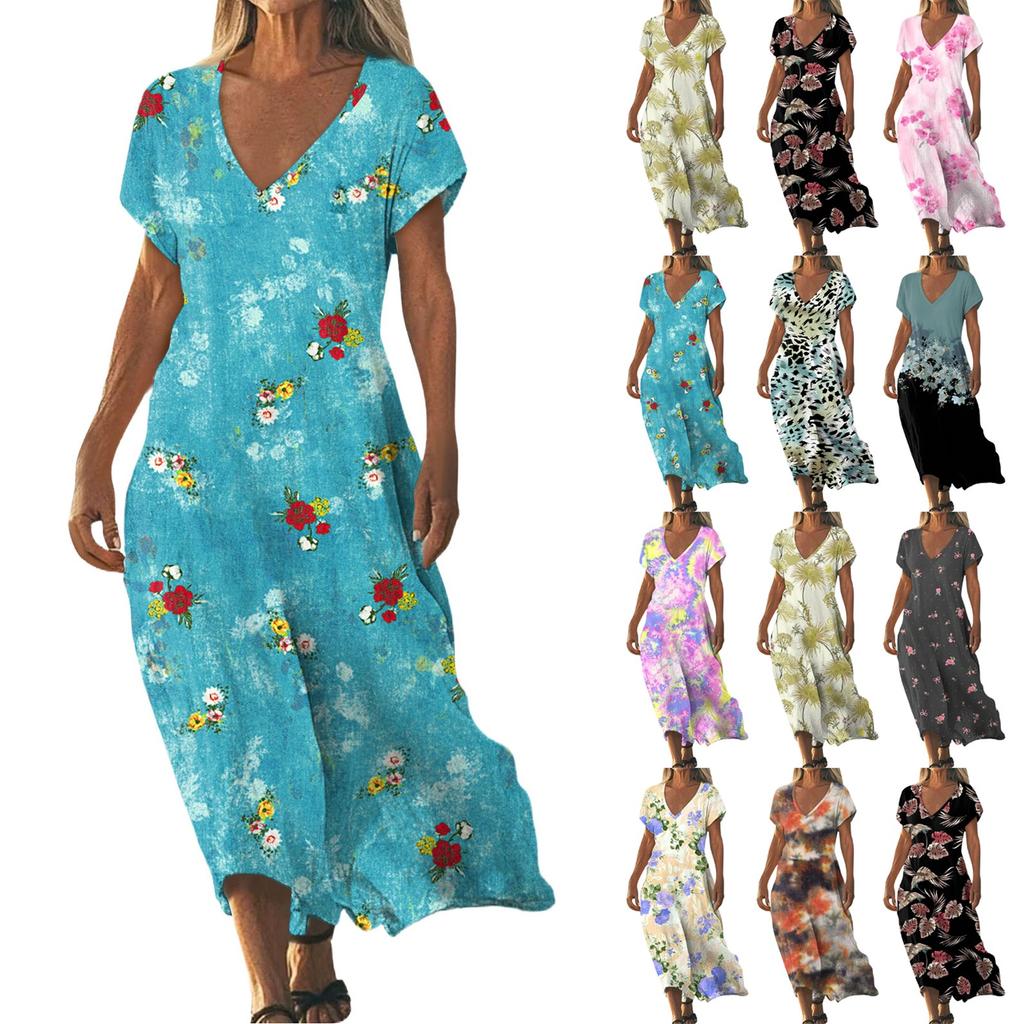 Summer Dress Women's Long Boho Beach Dress Elegant Maxi Dress V-Neck Short Sleeve Summer Tunic Dress Light Airy