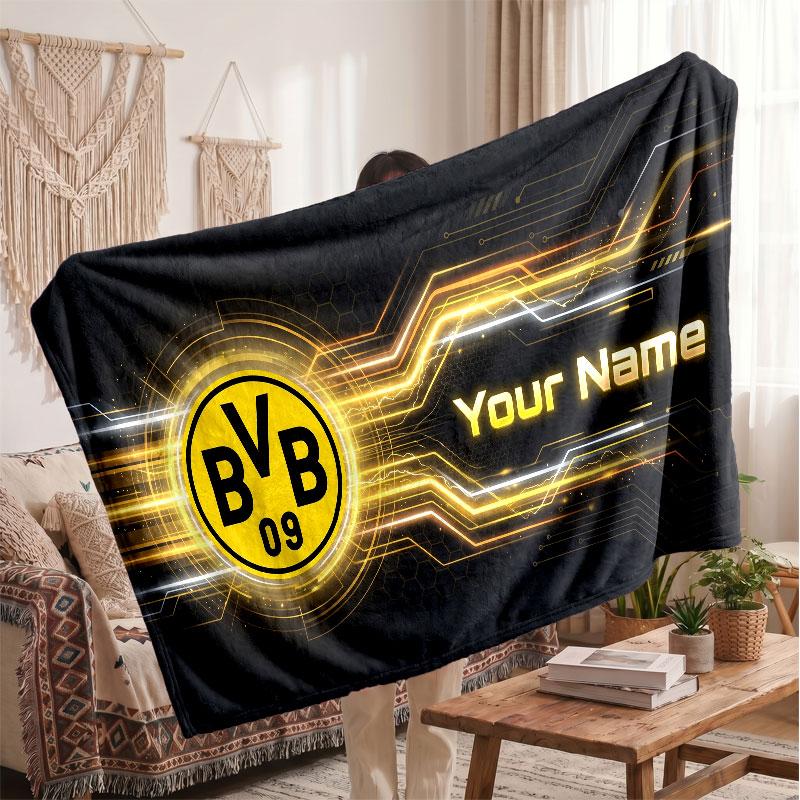 Couverture en polaire personnalisée Borussia Dortmund avec logo de football, texte de nom personnalisé, couverture d'appoint douce et chaude pour la maison