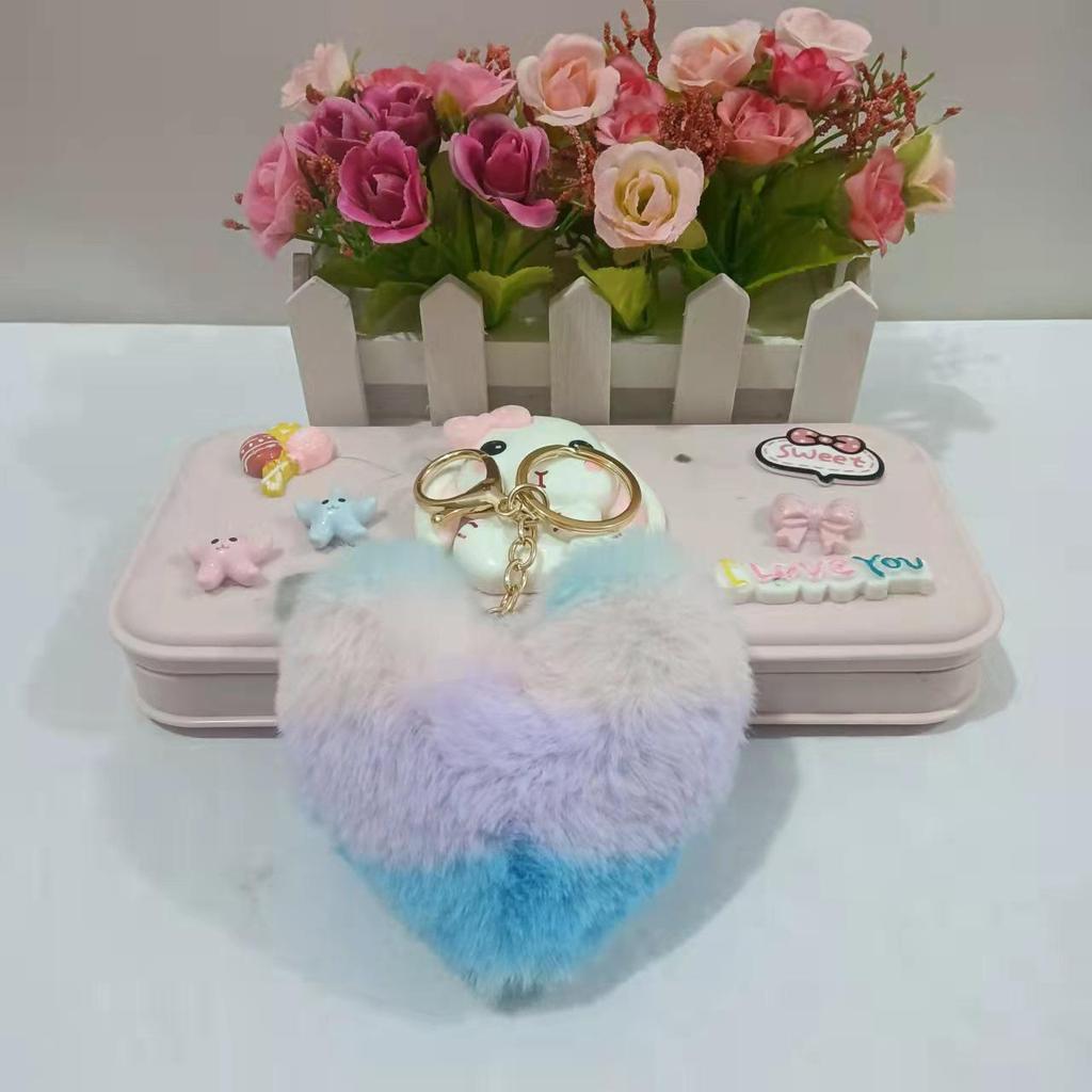 Multicolor Rainbow Heart Keychain: Faux Rabbit Fur Bag Charm & Car Accessory