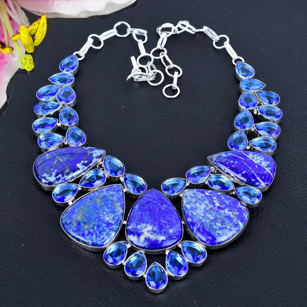 Lapis Lazuli, Blue Topaz Gemstone 925 Sterling Silver Jewelry Necklace 18" KG-1831