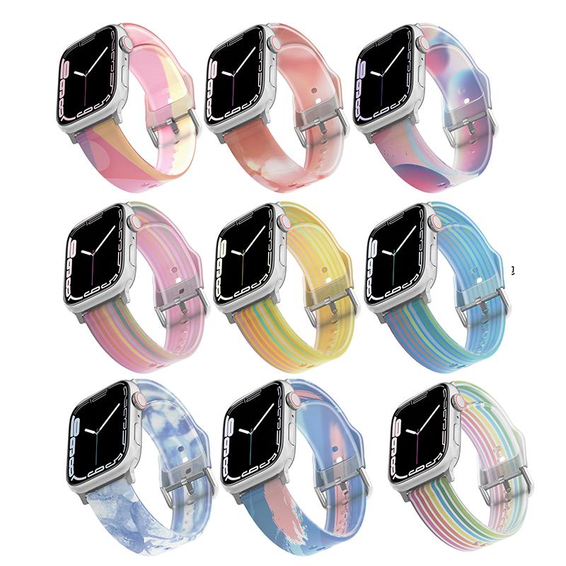 

Прозрачный силиконовый ремешок для часов Apple Watch 45 мм, 41 мм, 44 мм, 42 мм, резиновый браслет в радужную полоску для IWatch Series 7 6