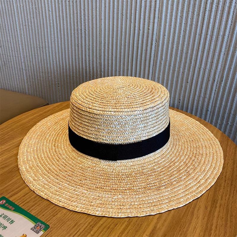 Boater Straw Hat wide brim French elegant square ribbon women's sun hat holiday straw hat