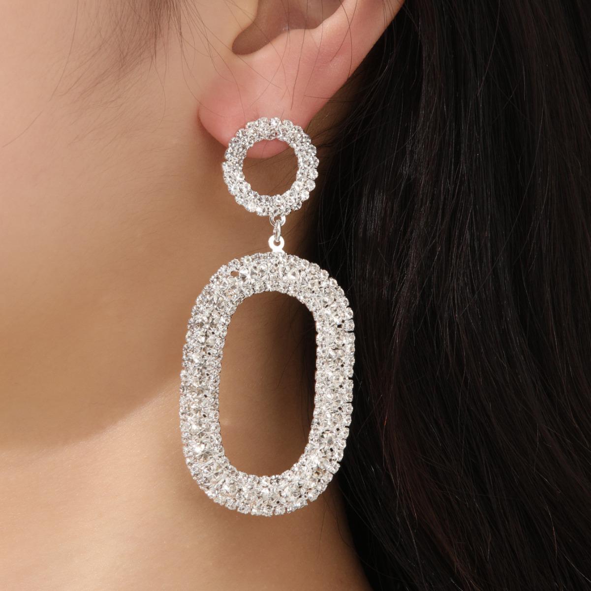 European Geometric Oval Rhinestone Earrings for Weddings & Banquets Electroplated