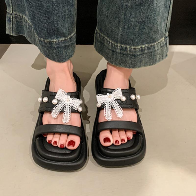 Summer New Open Toe Lace Butterfly Knot Pearl Anti-slip Wear-resistant Flat Slippers Casual Square Toe Sandals