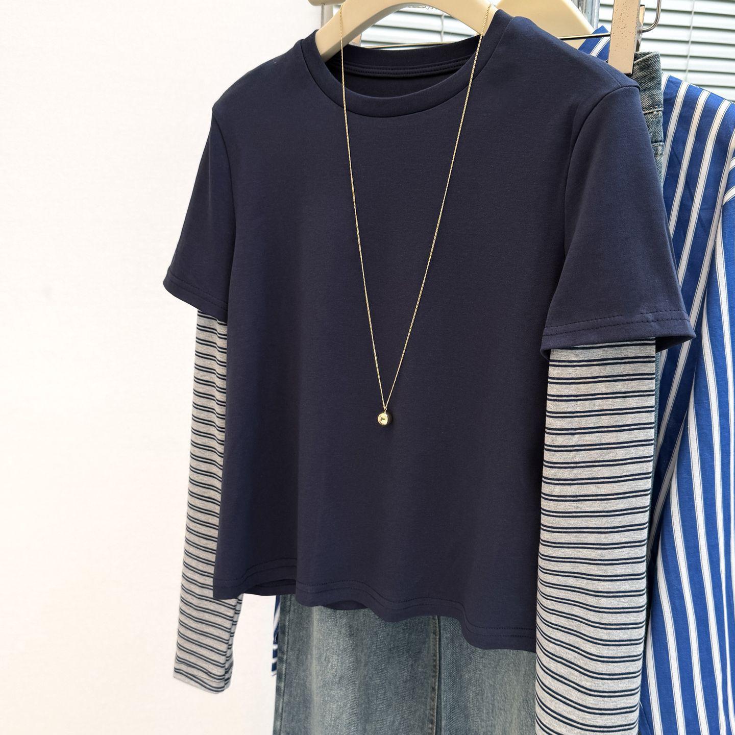 

Women s Retro Stripe Two-Piece Slimming Long-Sleeve T-Shirt - Street Style Autumn Color Block Base Layer Top S темно-синий