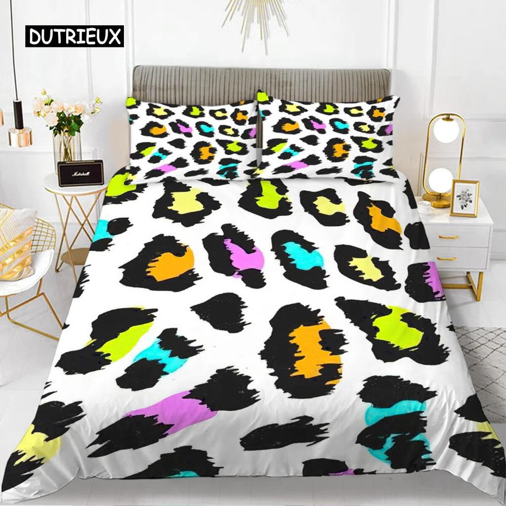 Leopard Print Duvet Cover Set Queen Size Girl Colorful Cheetah Print Bedding Set Polyester Wild Animal Theme Comforter Cover Set  Three-piece Set