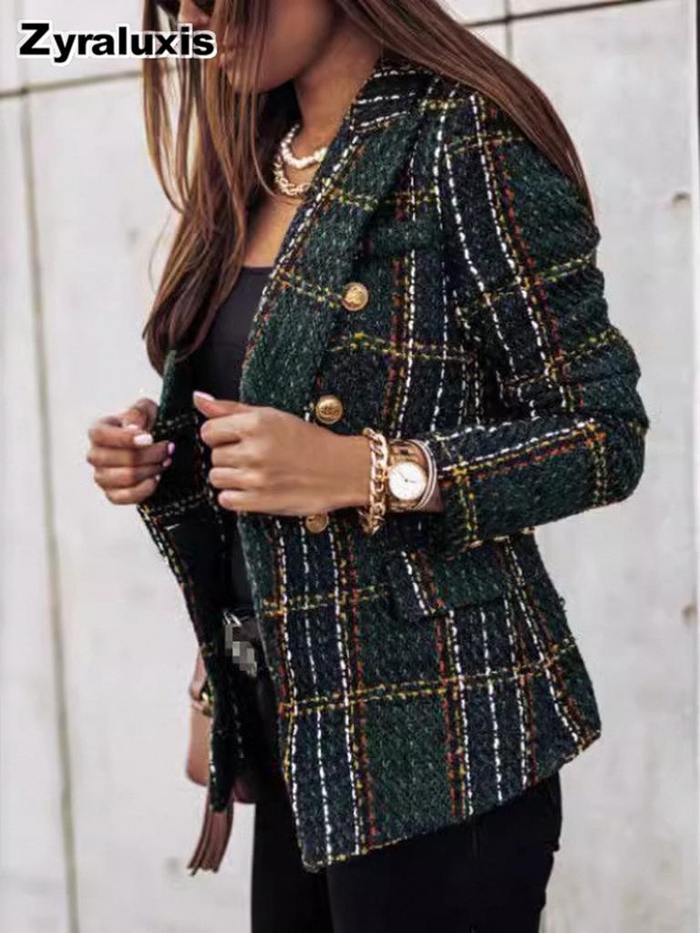Autumn Winter Long Sleeve Double Button Lapel Printed Coat for Women