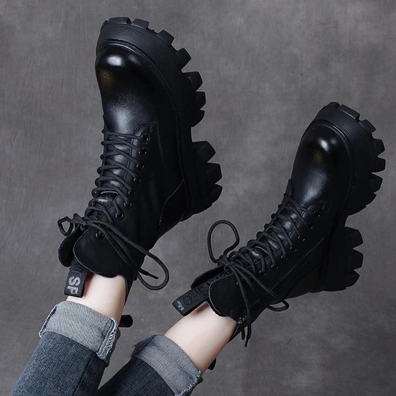 Cizme Femei cu Șireturi Șireturi Confort Pantofi cu Platformă pentru Doamne Calde Antiderapante Retro Glezna Groasă Cizme Moto Femei Botas De Mujer