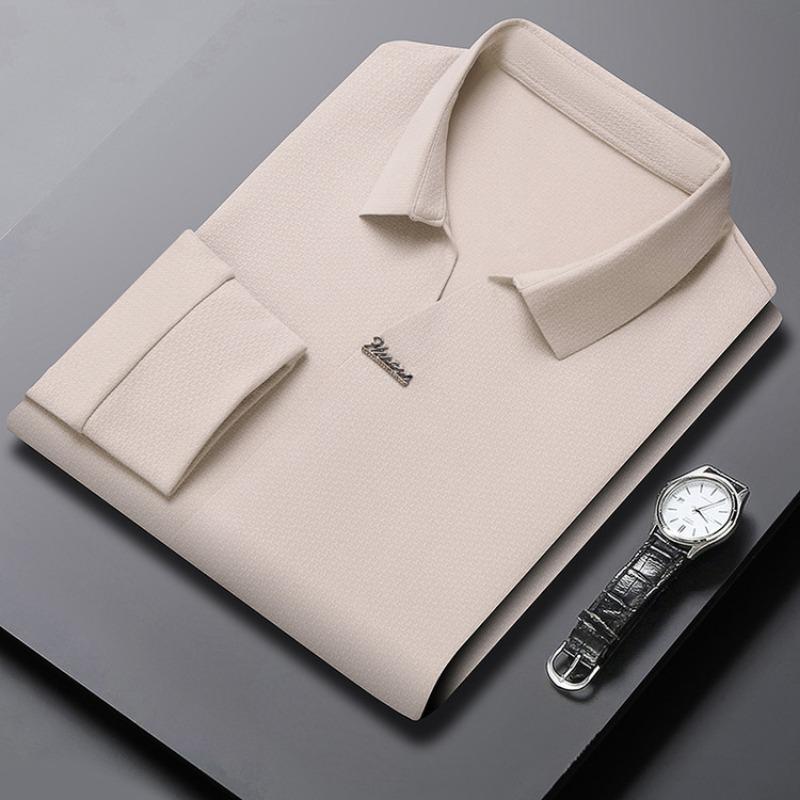 Men Loose Fit Long Sleeve Turn Down Collar Casual Solid Polo Shirt