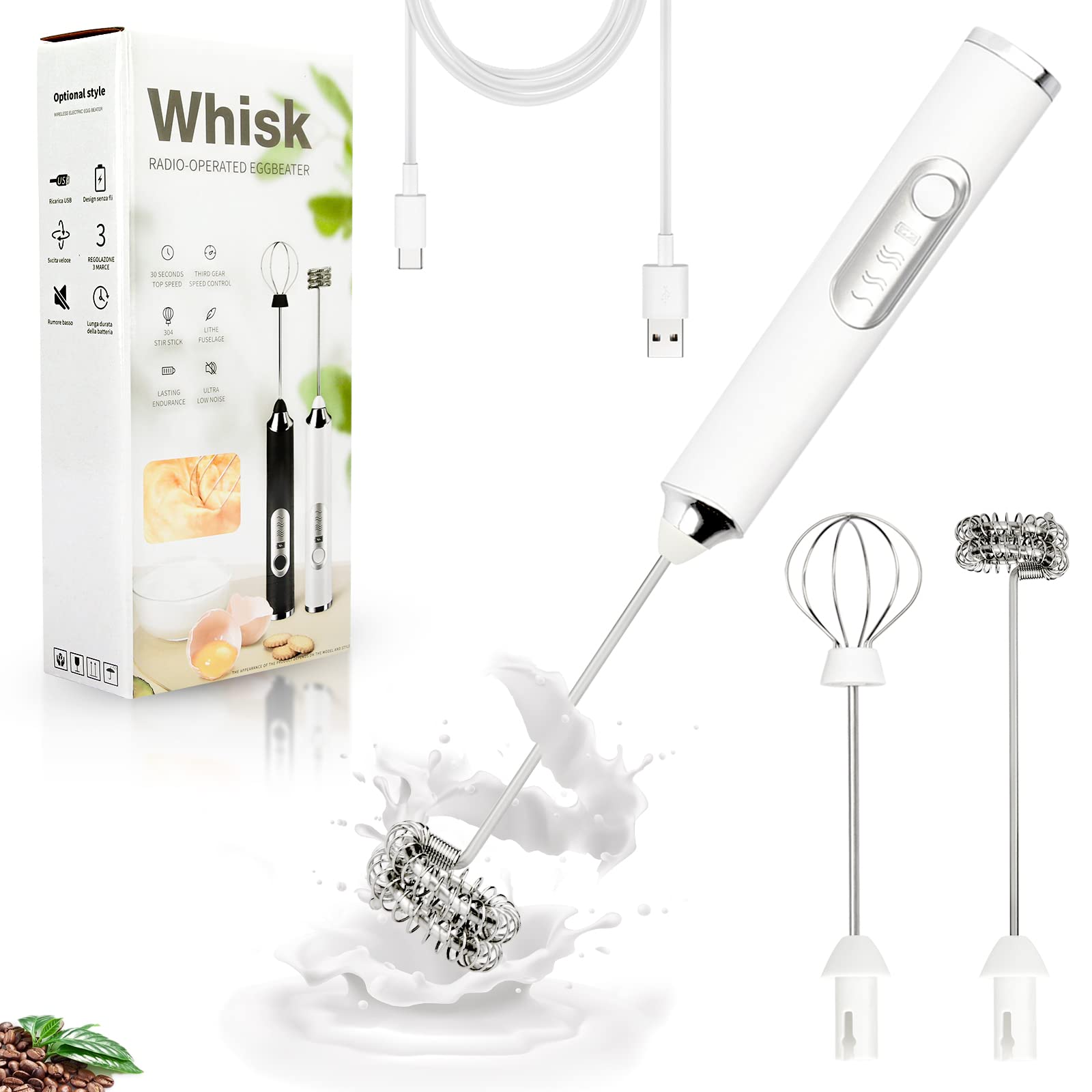 

Электрический двойной вспениватель молока, ручной вспениватель молока, белый, USB-перезаряжаемый миксер для напитков с 3 регулируемыми скоростями, съемный пенообразователь для кофе,