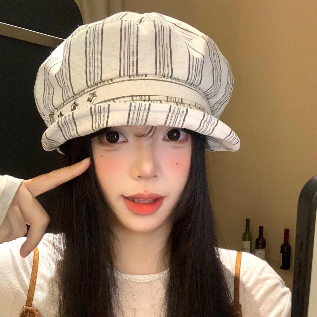 Japanese Striped Star Beret Female Spring And Autumn Korean Version Showing Face Small Versatile Octagonal Hat Fashion Newsboy Hat