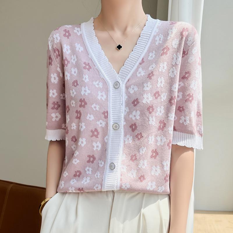 Žakárový kardigan z ledového hedvábí s krátkým rukávem, pletený top s výstřihem do V, letní kontrastní barvy, klimatizovaná košile