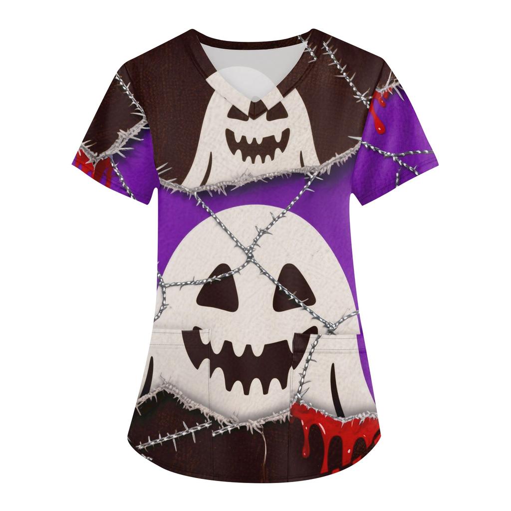 Women's Printing Uniform Work Uniform V-neck Pockets Basic Short Sleeve Pullover Top