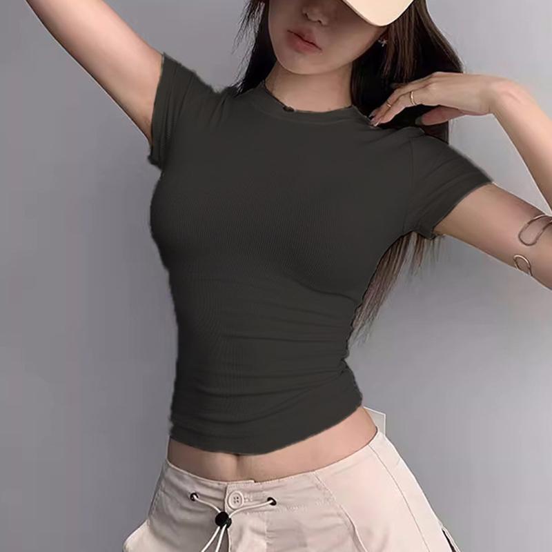 Women Sexy Summer Crewneck Crop Top Fashion Casual Slim Fit T-shirt Short Tight Workout Basic Bottoming Shirt