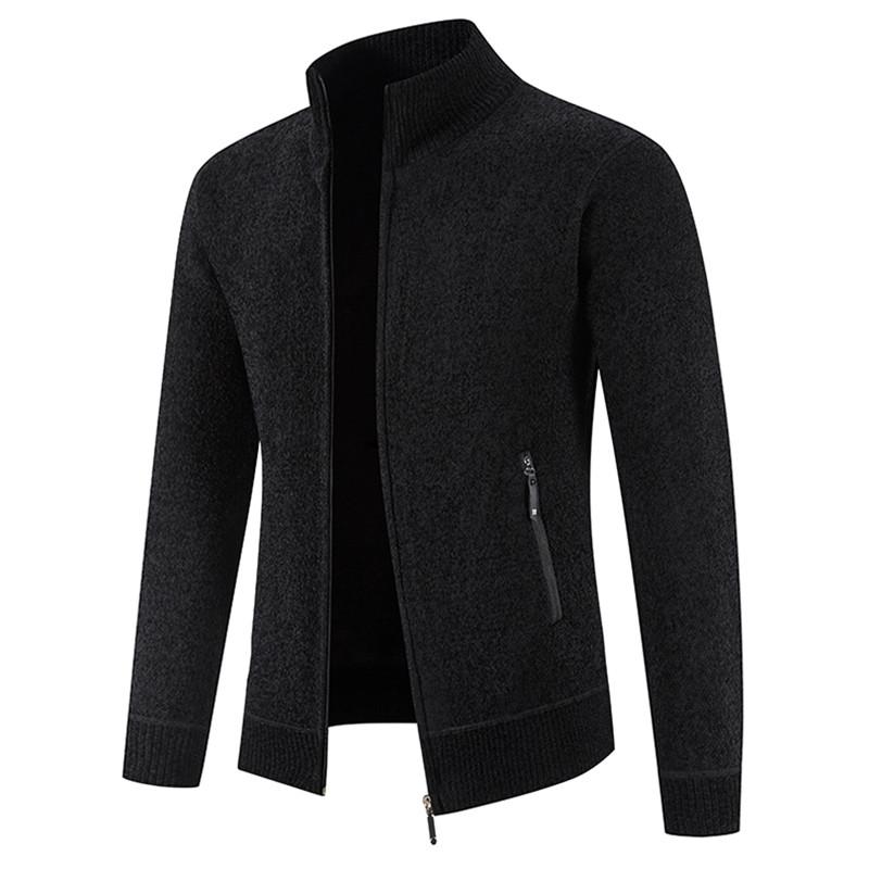 New Velvet Sweater Cardigan Men Stand Collar Mens Sweaters Fleece Thick Warm Knitted Sweater Coat Solid Zipper Pocket Cardigan