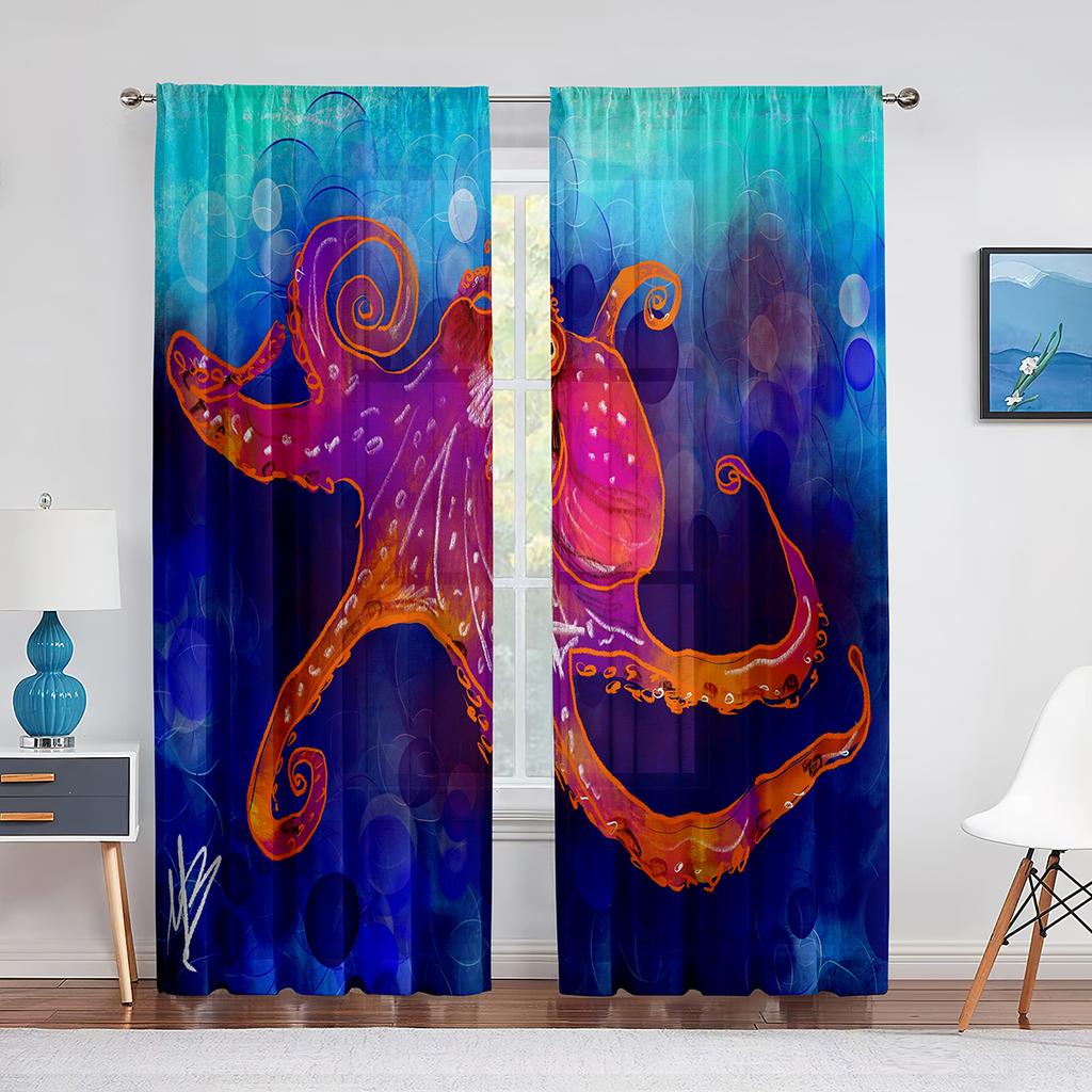 Cool Red Octopus Ocean Marine Life Chiffon Sheer Voile Curtains for Living Room Bedroom Kitchen Decor Window Tulle Curtain Drape