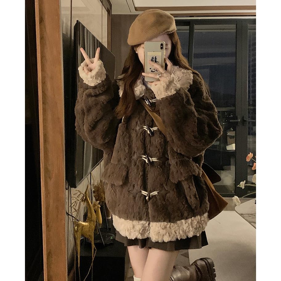 ZANBANG Toggle Button Boa Cute Boa Warm Loose Casual Fleece Plus YUEWT205 Women's Jacket, Coat, Outerwear, Fluffy, Fit, Fashion, Lining, Thick,