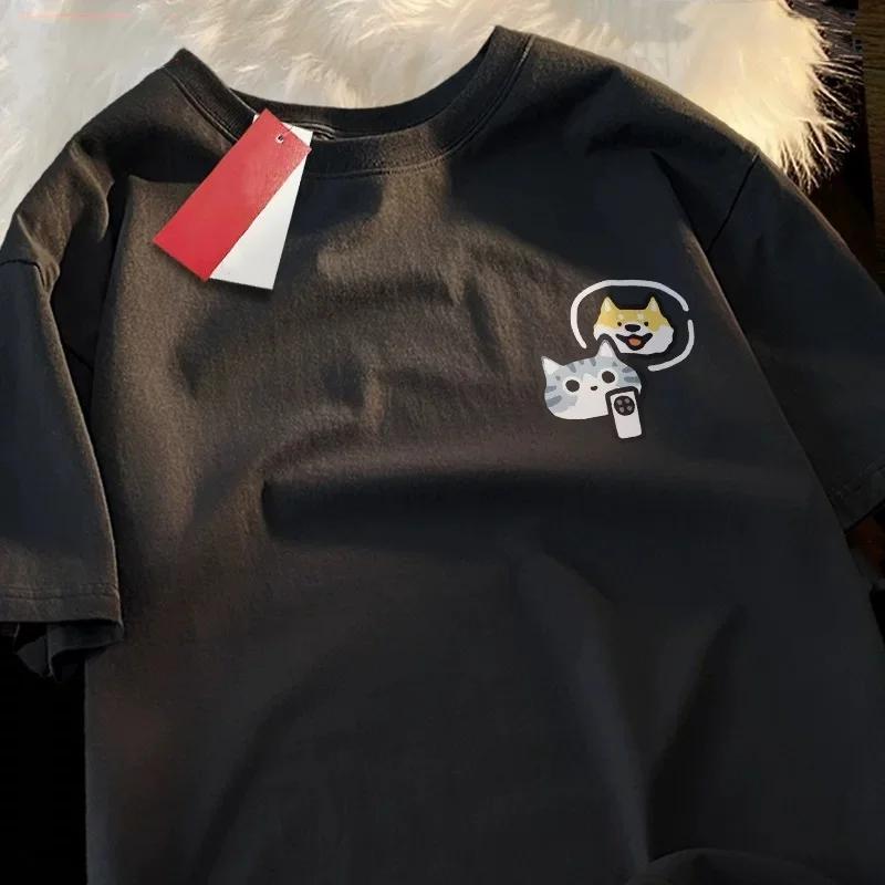 Cat Dog and Mobile Phone Print Women Round Neck Short Sleeve Soft Comfortable Streetwear Summer Fashion Women Clothes
