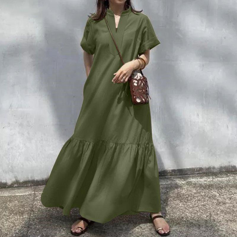 Spring and Summer Fashion Women's Dress: Stand-up Collar Short-sleeved V-neck, Loose Front Opening, Fishtail A-line Long Dress