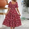 Puff Sleeve Layered Square Neck Waist-Cinched Dress - Sweet Style Women's Wear 2026