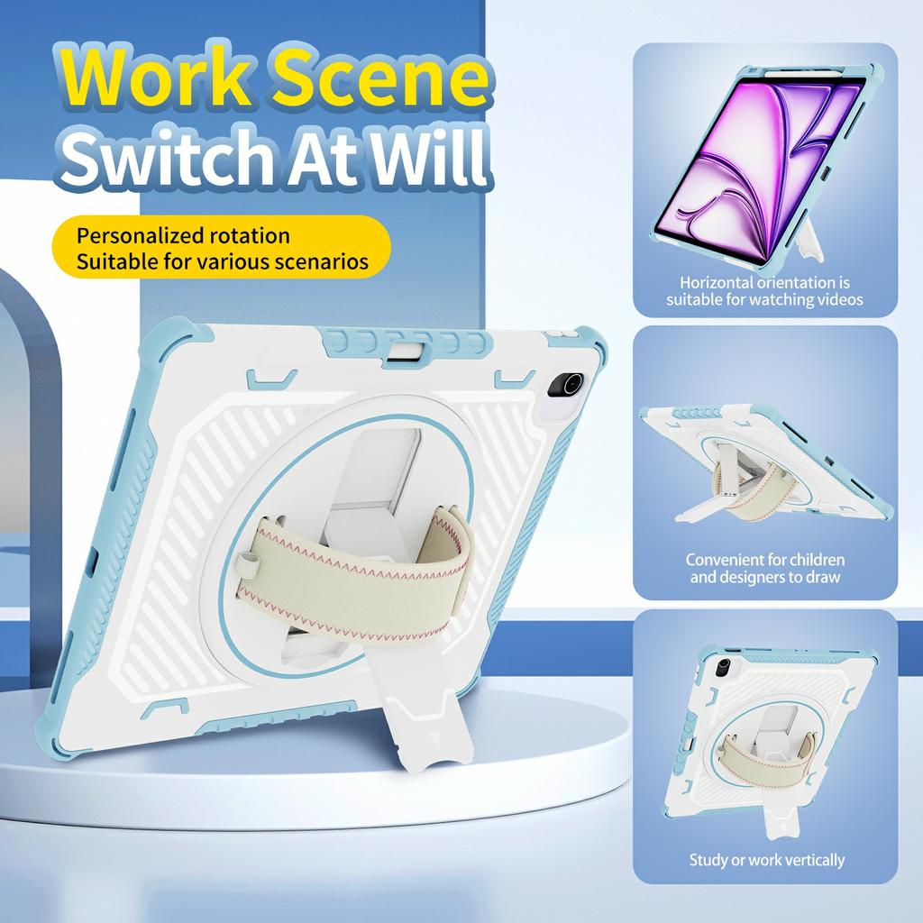 For iPad Air 13 (2025)/(2024) Case Kickstand PC+TPU Shockproof Tablet Cover With Hand Strap