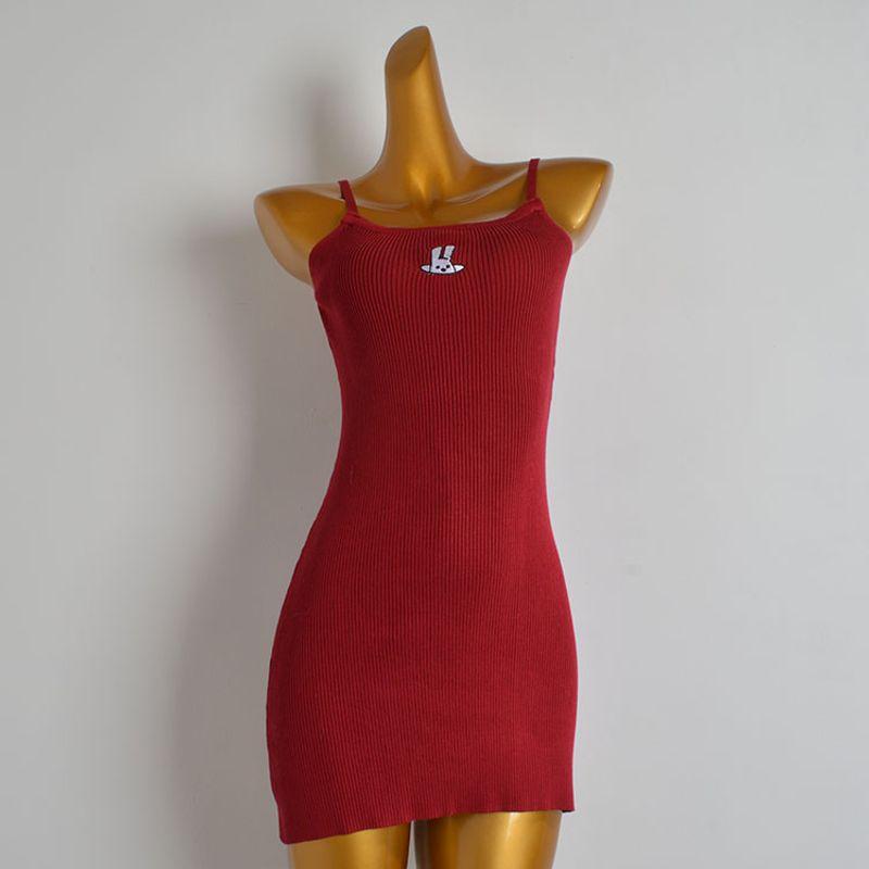 

Summer New Arrival Pure Color Embroider Sleeveless Camisole Knitting Dress Female Dopamine Silm Slim Looking Bodycon Dress Burgundy All yards