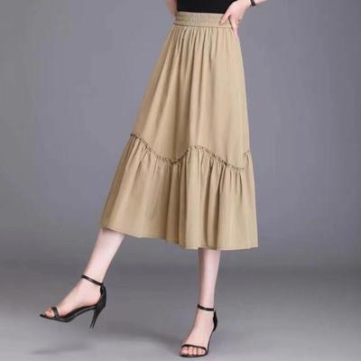 Women Midi Skirt Elastic High Waist A-Line Long Skirt with Pockets Solid Color