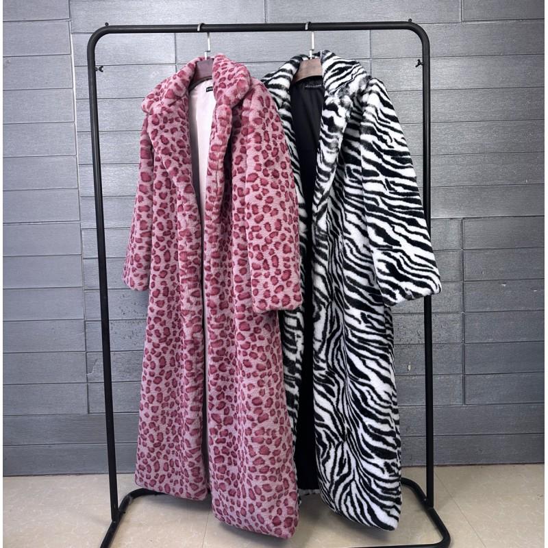Womens Long Faux Fur Coat Leopard Zebra Print Winter Streetwear