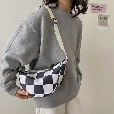 Canvas Bag Women's Plaid Contrasting Colors 2025 Spring and Summer New Shoulder Messenger Bag Casual Nylon Dumpling Bag