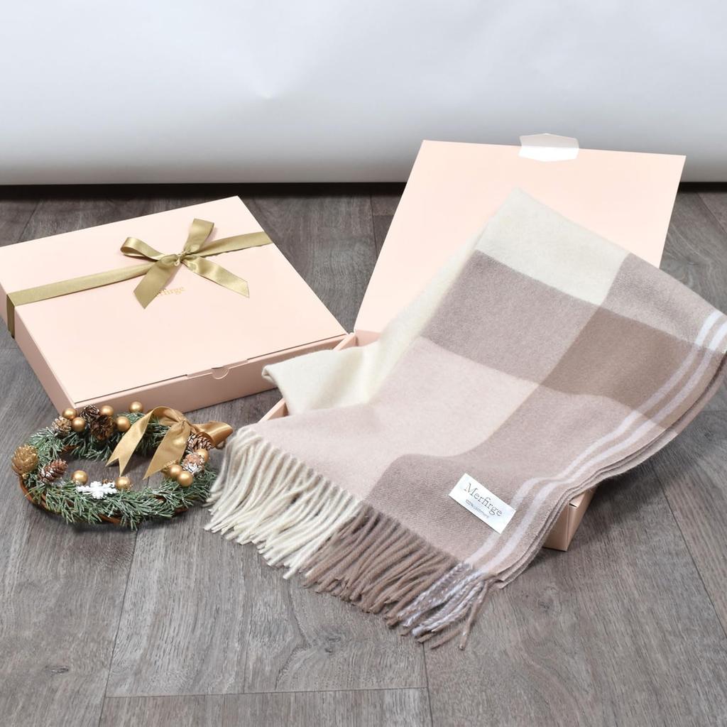 Merfirge Cashmere Check Gift Box Included Black Tartan 100% Stole, Large, Thick, Pattern, (CS1066) (1. Check)