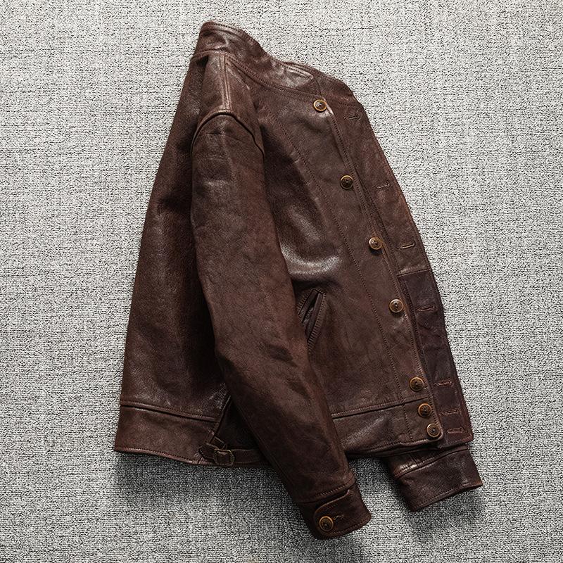 Vintage Heavy Water Shampoo Layer PU Leather Jacket Green Fruit Collar Men's Jacket