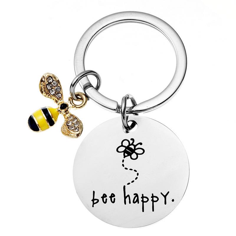 Stainless Steel "Bee Happy" Engraved Keychain Gift Accessory