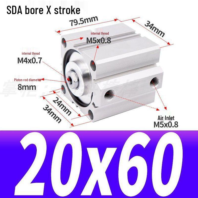 SDA Mini Pneumatic Cylinder, High Thrust, Thin Type, Bore Sizes 20/25/32/40/50