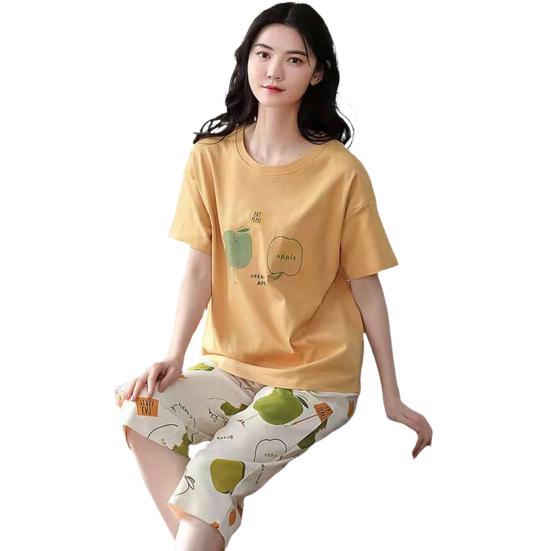 Lounge-Nachtwäsche, O-Ausschnitt, atmungsaktiv, für Mädchen, Sommer, Cartoon-Druck, T-Shirt, bauchfreie Hosen, Set für den täglichen Gebrauch