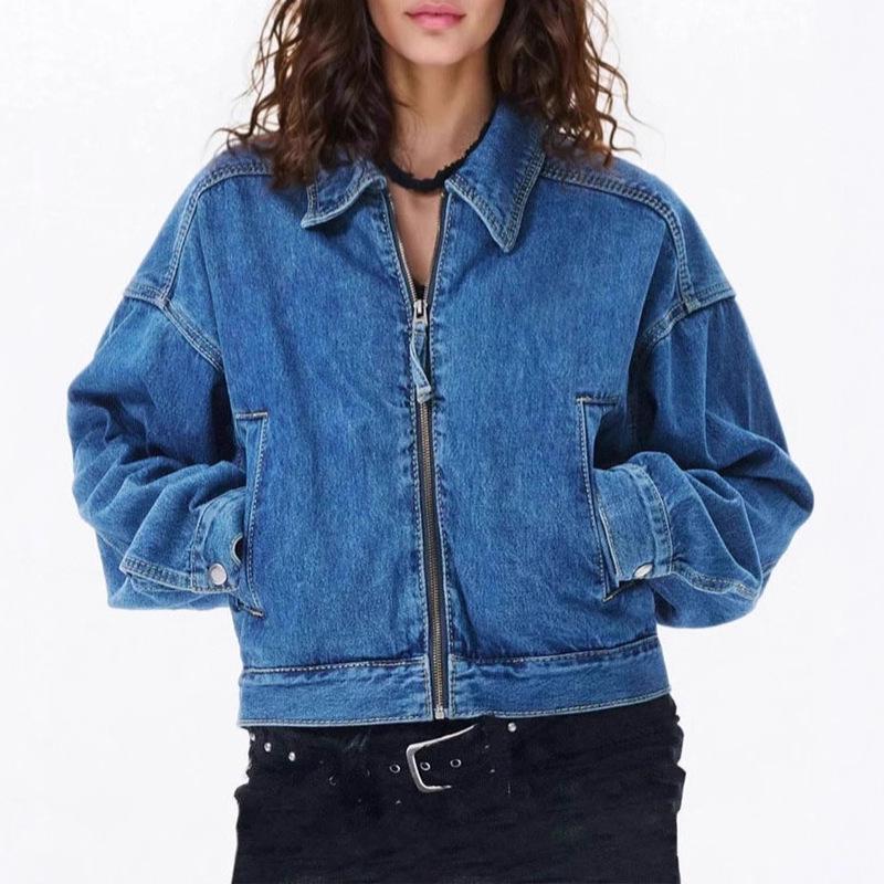 

Европейско-американская ретро синяя джинсовая куртка с воротником-стойкой - Женская универсальная короткая на молнии для весны и осени (2025) Large