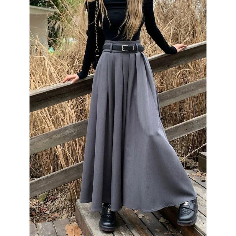 Women High Waist Jupe Korean Pleating Swing Skirt Vintage Fashion Spring Office Falda Holiday Loose Solid Long Skirt