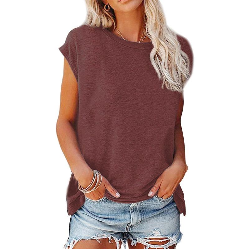 IHUASU Women's Fashion Casual Solid Color Print O-Neck Sleeveless Blouses & Shirts