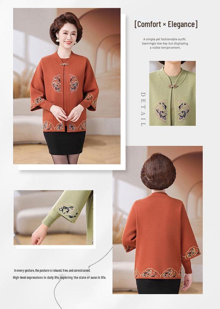Elegant Autumn Tang Suit Two-Piece Set: National Style Sweater & Jacket for Middle-Aged and Elderly Women - Perfect for Weddings and Formal Events