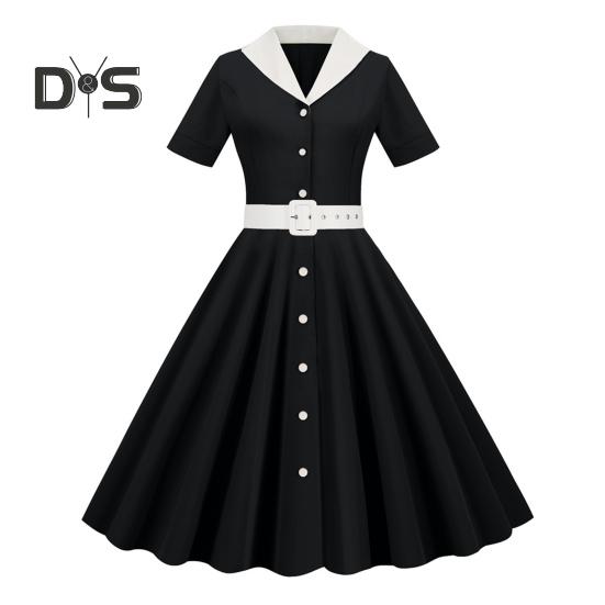 Damekjole V-hals Revers Enkeltspent med Belte A-linje Stort Sving Skreddersydd Høy midje Ensfarget Retro Kortermet Prinsessestil Dame Midikjole