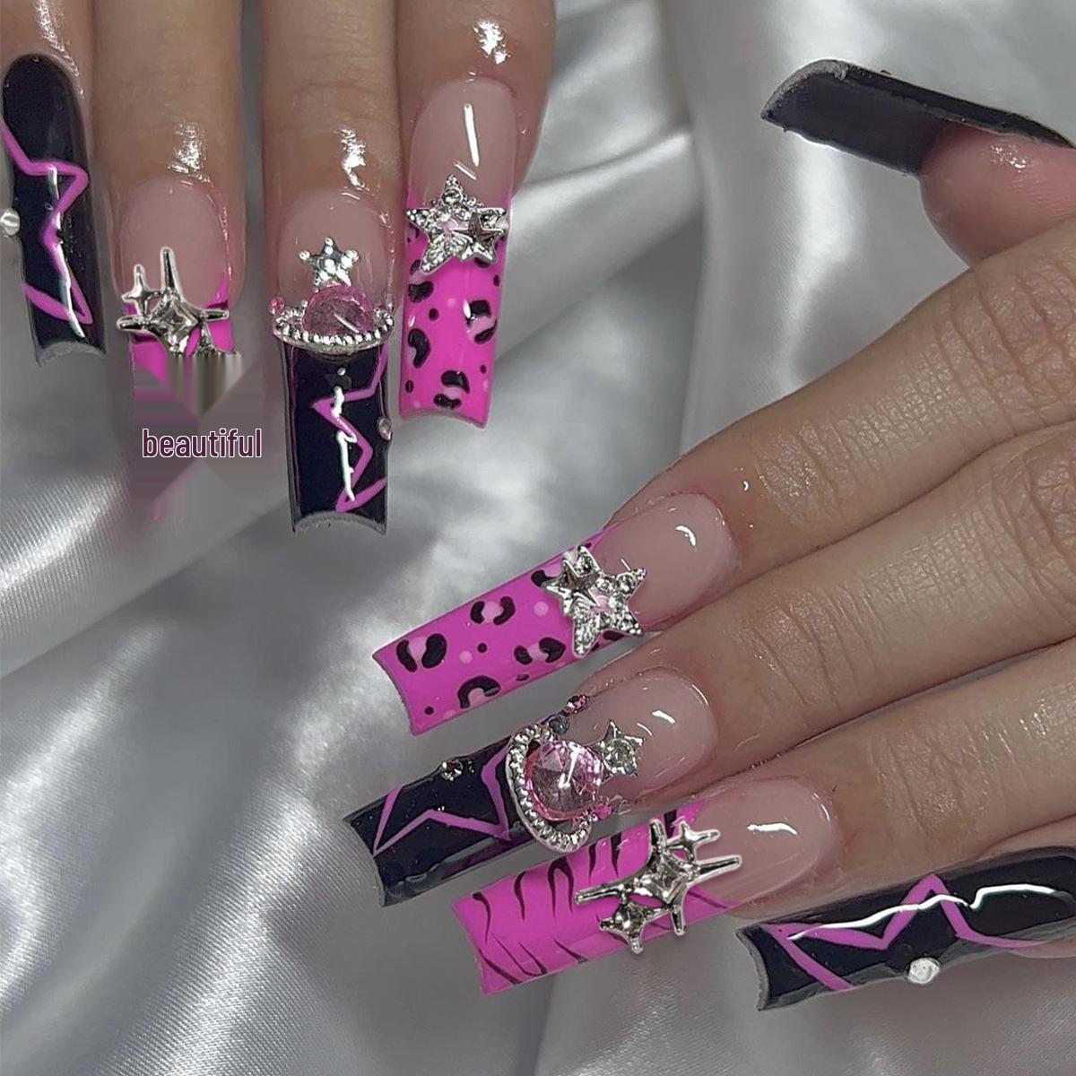 

Y2K Style Coffin Nails: French Leopard, Zebra, Star Designs