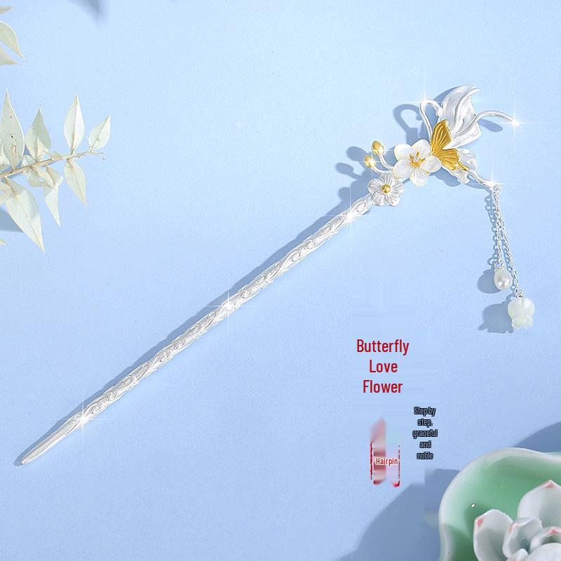 Butterfly Flower Hairpin for Women - S925 Sterling Silver, Chinese Style, Lily of the Valley Tassel, Elegant and Trendy