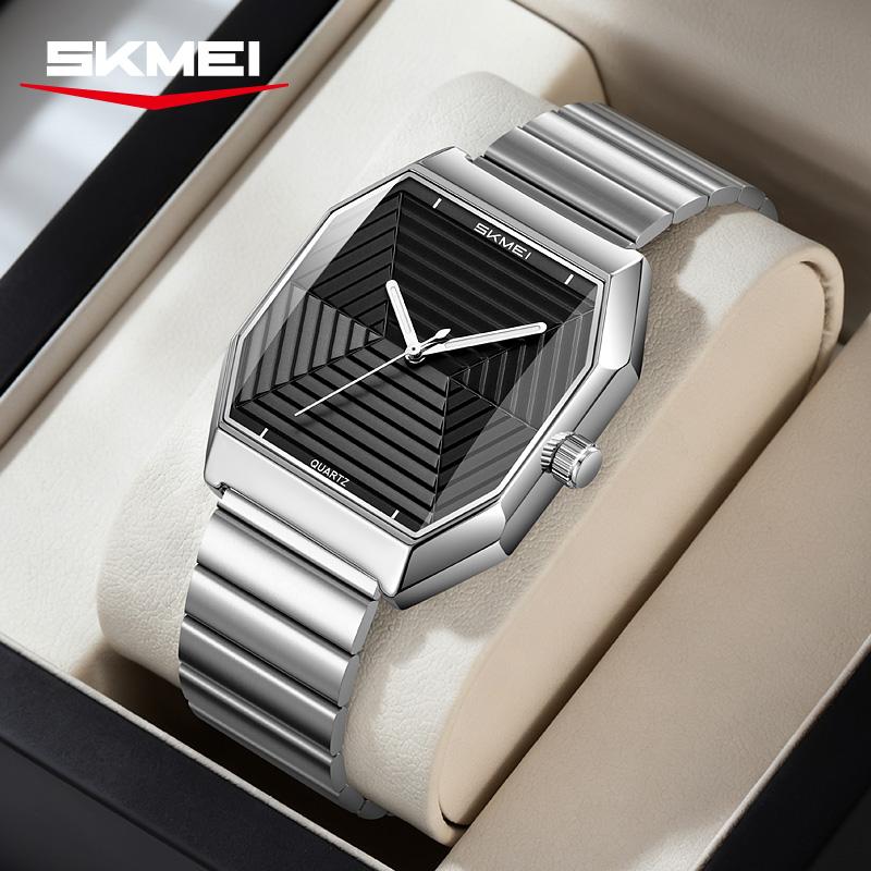 Skmei 9393 Unique Famous Mens Quartz Watch Stylish Stainless Steel Band Square Special Design Casual Wrist Watch