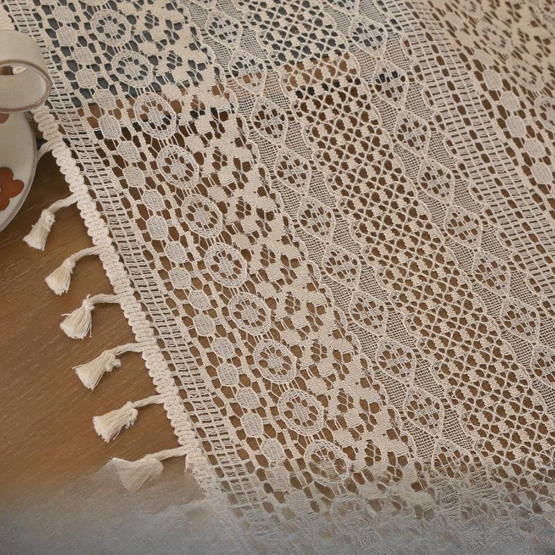 Cremefarbene Vintage-Vorhänge Boho-Vorhänge für Schlafzimmer 1 Stück, Bauernhaus Böhmische Dekoration Häkelspitze Transparent Sichtschutz Lichtdurchlässig mit Quasten Lange Fenstervorhänge Stangentasche