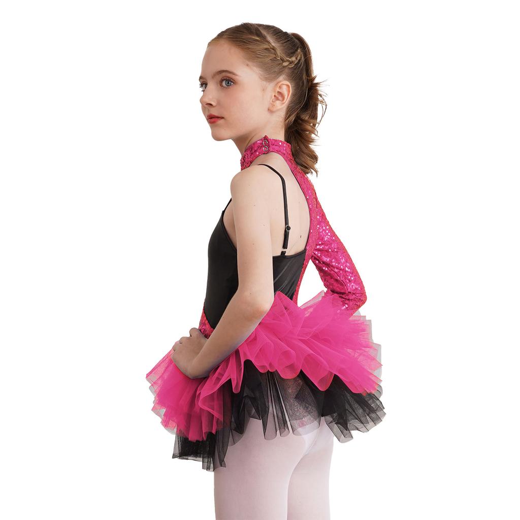 Dziewczęca Błyszcząca Sukienka Taneczna z Cekinami Asymetryczny Rękaw Kontrastowa Tiulowa Spódnica Styl Leotardu Strój na Występy