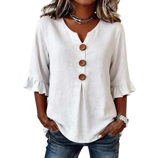 Women Shirt Stand-Up Collar V-Neck Buttons Decor Half Sleeve Ruffle Cuffs Pullover Tops Pure Color Loose Fit Summer Tops