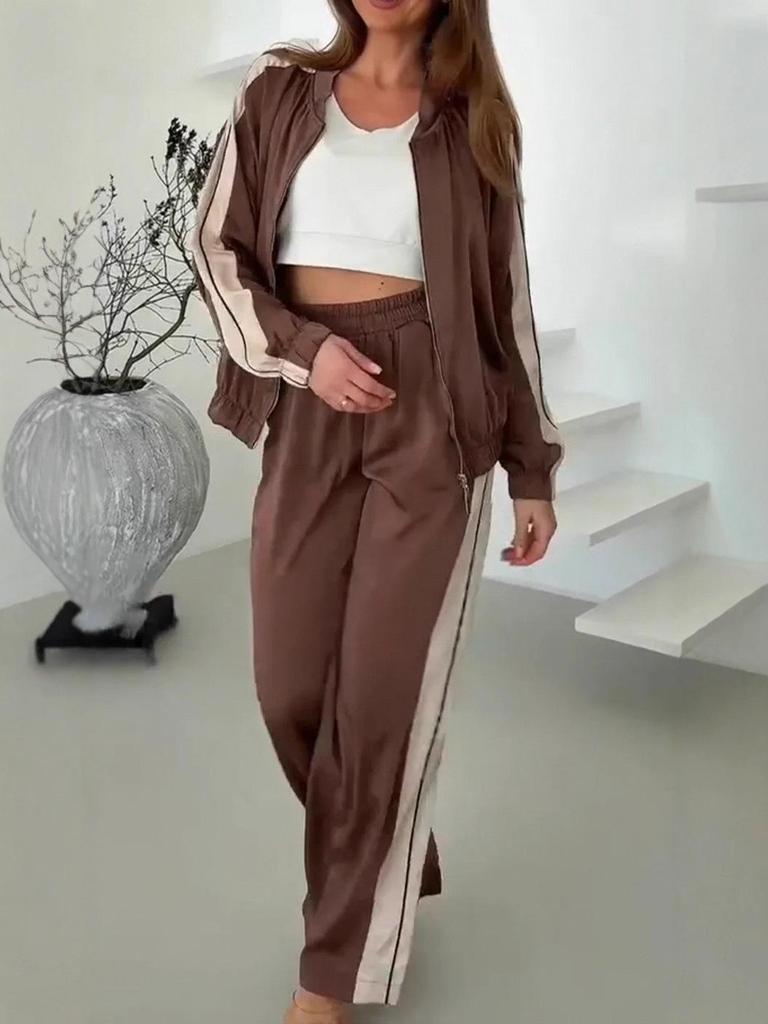 2025 Spring & Autumn Fashion Solid Color Splicing Jacket & Wide-Leg Long Pants Set