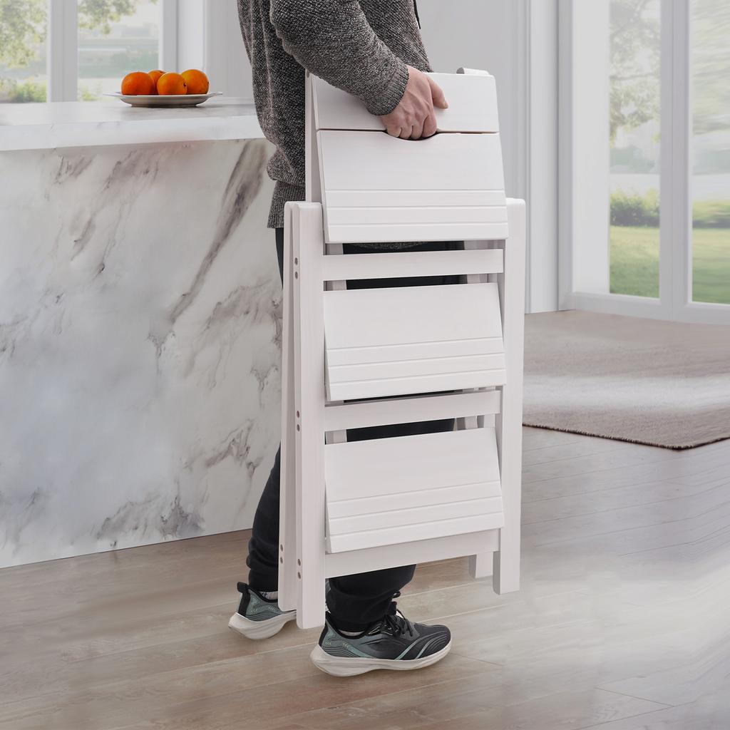 White 3-Tier Step Stool Ladder, Folding Wood Step Stool with Handle, Non-Slip Wide Pedal, Compact Storage, Supports Up To 220lbs