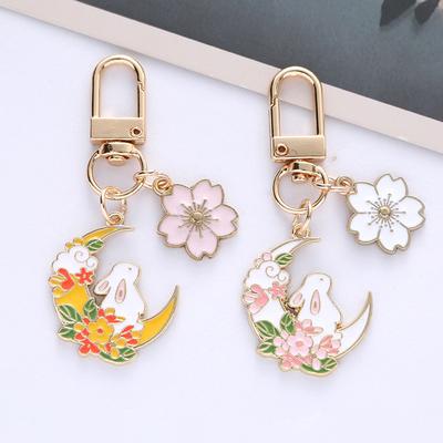 Fashion Cute Moon Flower Rabbit Keychain For Women Sweet Cartoon Enamel Gold Color Key Chain Bag Car Key Decoration Girls Gift